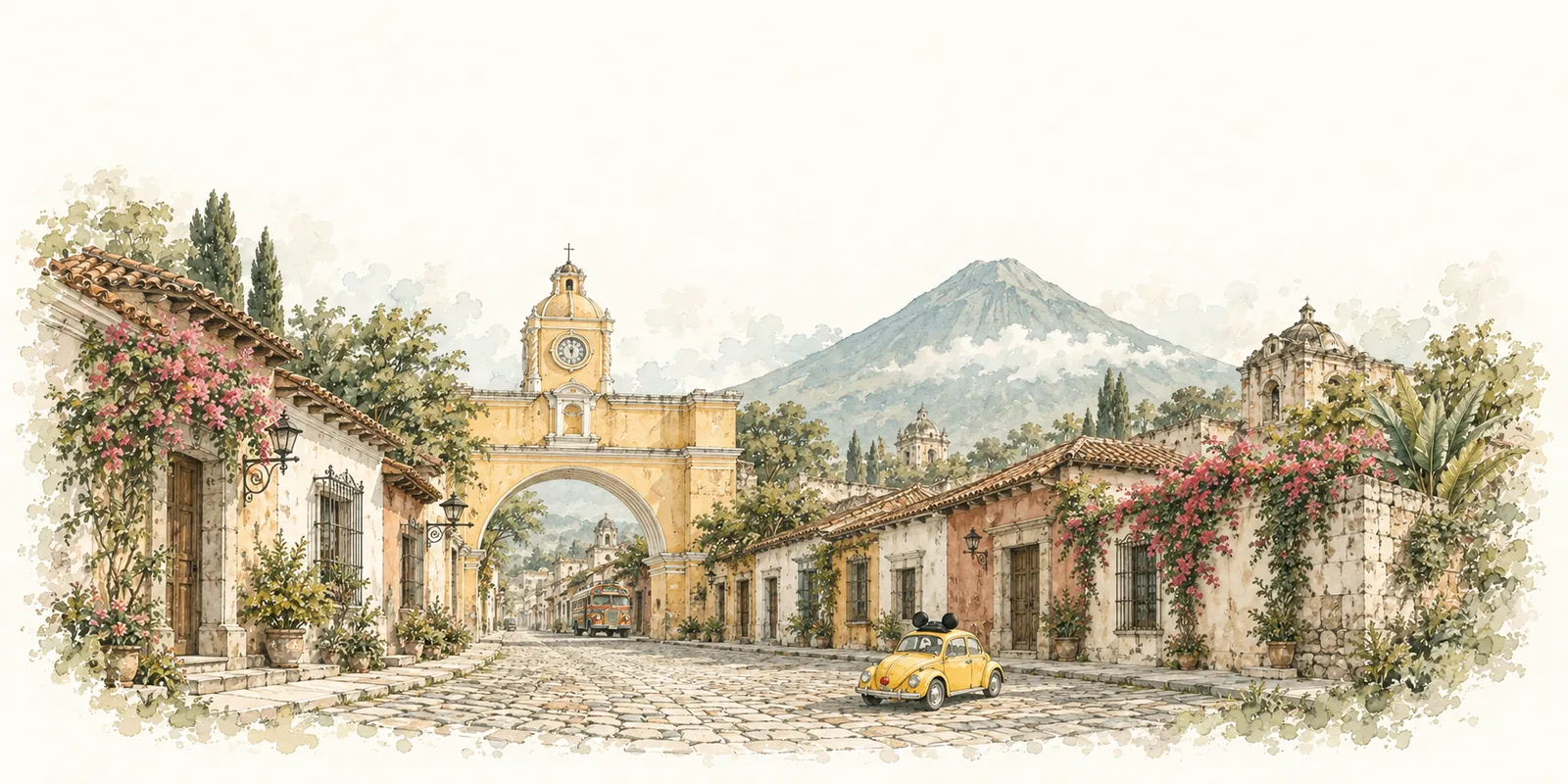 Ilustración retro de Antigua Guatemala: Arco de Santa Catalina, volcán de Agua y carrito amarillo de Truly Nolen