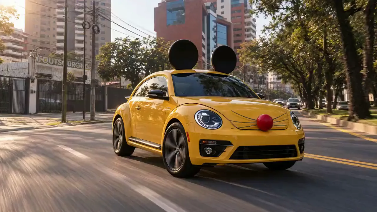 Automóvil amarillo de Truly Nolen en una escena inspirada en Avenida Las Américas, Guatemala